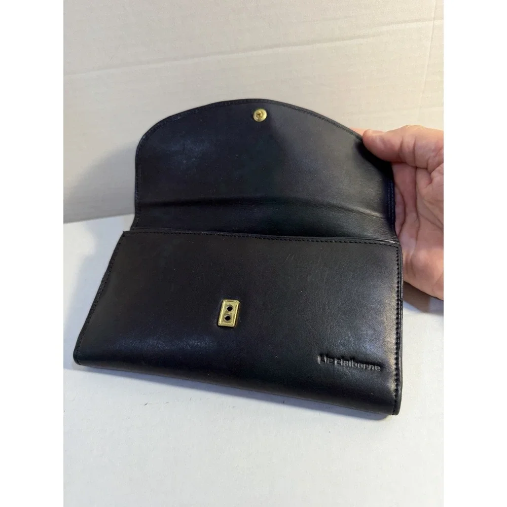 Vintage Liz Claiborne‎ Black Leather Clutch Wallet Embossed Braiding Flap